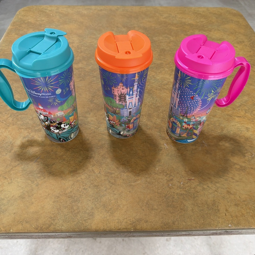 Walt Disney World Souvenir Cup Lot 3 Whirley Mickey Mouse Travel Mugs Lids